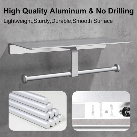 Anti Rust Aluminum Double Roll Toilet Paper Holder with Built In Shelf for Phone Keys and Essentials Self Adhesive or Screw Mount No Drill Bathroom Organizer in Silver Finish visible on wall with mount detail