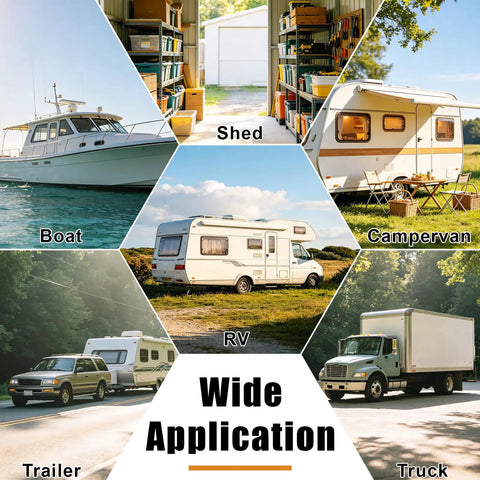 Heavy Duty 4 Inch RV Door Holder 304 Stainless Steel Camper Door Stop With Mounting Hardware displayed in various settings like RV, trailer, and shed.
