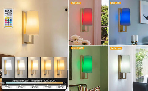Set Of 2 Battery Powered Fabric Shade Wall Lights With Remote, Wireless Sconce Lamps, Dimmable Bulbs, Farmhouse Gold Finish