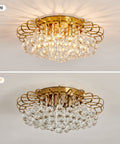 4 Light Crystal Chandelier Modern Semi Flush Mount Ceiling Light Fixture Gold Finish Round 17.9 Inch Diameter Crystal Tube Design Ideal for Living Room Hallway Dining Kitchen and Bedroom Uses E12 Bulbs, illuminated comparison with lights on and off