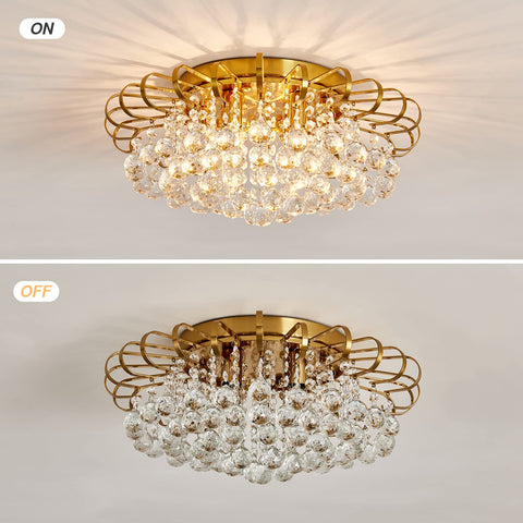 4 Light Crystal Chandelier Modern Semi Flush Mount Ceiling Light Fixture Gold Finish Round 17.9 Inch Diameter Crystal Tube Design Ideal for Living Room Hallway Dining Kitchen and Bedroom Uses E12 Bulbs, illuminated comparison with lights on and off