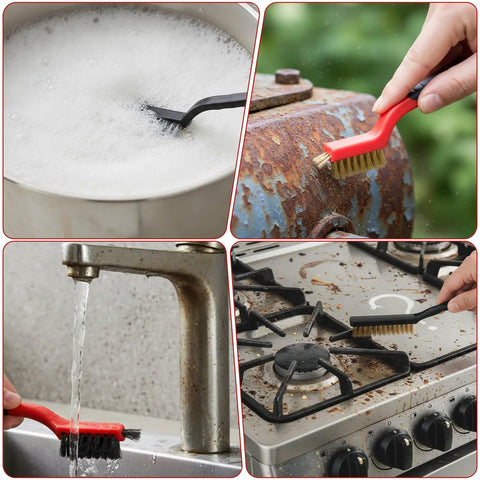 30 Piece Wire Brush Set With Nylon Stainless Steel And Brass Bristles cleaning various surfaces including stove and rusted pipe