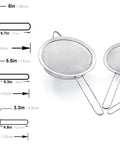 Future Strainer Set Fine Mesh Stainless Steel 304 18 8 Kitchen Trio Of 8 Inch 5.5 Inch And 3.3 Inch Strainers with measurements