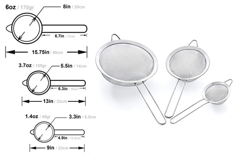 Future Strainer Set Fine Mesh Stainless Steel 304 18 8 Kitchen Trio Of 8 Inch 5.5 Inch And 3.3 Inch Strainers with measurements