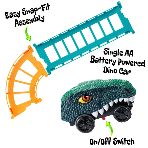 Rex Racer Dino Race Track Set with motorized dino car and snap-fit modular track pieces.
