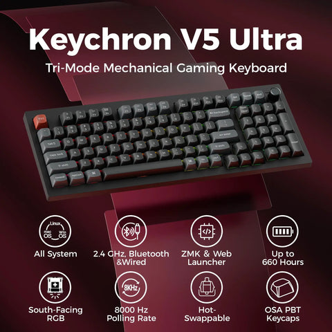 Premium 96 Percent Wireless Mechanical Keyboard With Kickass 8000Hz Polling Rate Hot Swappable Red Switches Dope Rgb Lighting Crisp Pbt Keycaps For Serious Gamers Everywhere, shown from above with RGB lighting.