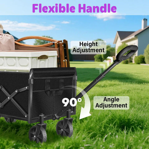 Foldable Wagon Cart With 280 Lbs Capacity, Lightweight And Easy To Carry Weighs Only 11 Lbs, showing flexible handle on lawn
