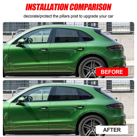 Before and after installation of Porsche Macan 2014 2015 2016 2017 2018 2019 2020 2021 2022 Glossy Black Stainless Steel Door Pillar Trim Cover Set