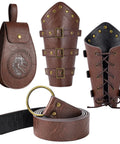 Dope 3 Piece Renaissance Accessories Set Featuring Legit Vintage Viking Belt And Premium Crafted Leather Bracers For Badass Medieval Cosplay Festival Flex with brown utility pouch, bracers, and belt.