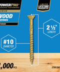 All-Purpose Exterior Wood Deck Screws For Outdoor Projects Size Ten By Two And A Half Inches Bronze Epoxy Coated For Rust Resistance Self-Starting Tip Includes Torx Bit 1000 Count Built To Last For Decks And Fences, wood screw detail on blue background with size and features displayed in text