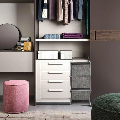 Three Tier Hanging Wardrobe Organizer With Slick Foldable Linen Fabric And Heavy Duty Hooks For Ultimate Closet Space Saving and dorm essentials in grey.