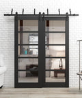 Bypass Barn Sliding Doors Set 84x96 Inch With Clear Glass Panels Built To Last, Black Modern Style in living room setting