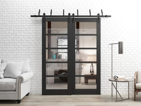 Bypass Barn Sliding Doors Set 84x96 Inch With Clear Glass Panels Built To Last, Black Modern Style in living room setting
