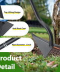 Long Handle 59 Inch Triangle Garden Hoe With V Blade For Deep Trenches, showing details like anti-rust coat and pipe diameter.
