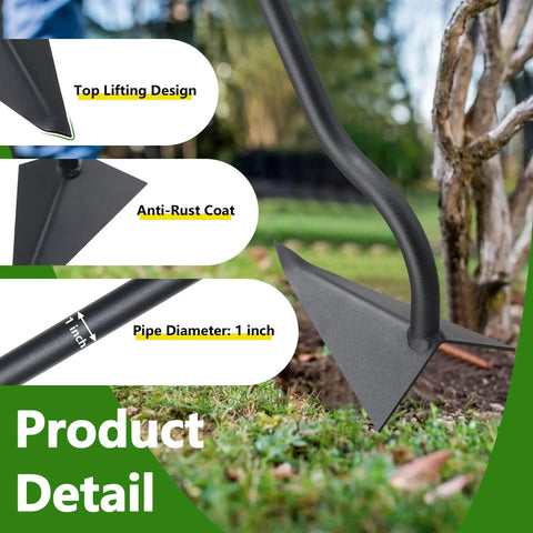 Long Handle 59 Inch Triangle Garden Hoe With V Blade For Deep Trenches, showing details like anti-rust coat and pipe diameter.