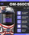 True Color Auto Darkening Welding Helmet With Solar Powered Wide Shade Four To Thirteen For TIG MIG MMA, Large 3.64 By 1.67 Inch View, 2 Sensors Pro Grade Lithium Battery, Cheater Lens Ready, Clear Vision Hood with flag design.