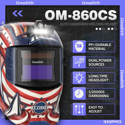 True Color Auto Darkening Welding Helmet With Solar Powered Wide Shade Four To Thirteen For TIG MIG MMA, Large 3.64 By 1.67 Inch View, 2 Sensors Pro Grade Lithium Battery, Cheater Lens Ready, Clear Vision Hood with flag design.