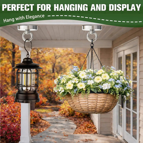 Outdoor hanging lantern and flower basket on porch with neodymium fishing magnet 350 lb pull with countersunk hole eyebolt.