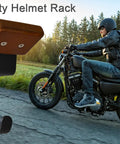 Heavy Duty Helmet Wall Mount Rack with Dual Key Hooks, solid wood and steel, alongside motorcycle in nature setting