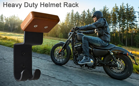 Heavy Duty Helmet Wall Mount Rack with Dual Key Hooks, solid wood and steel, alongside motorcycle in nature setting