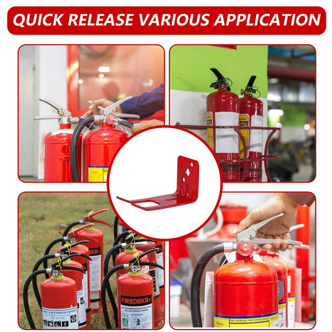 Badass Durability Iron Fire Extinguisher Brackets 2 Pack Wall Mount Holders mounted with red fire extinguishers for easy access.