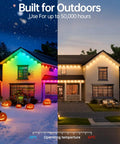 Two houses lit with 120ft Outdoor String Lights 2 Pack 60ft Each Waterproof Shatterproof for Party Vibe Lighting, day and night view.