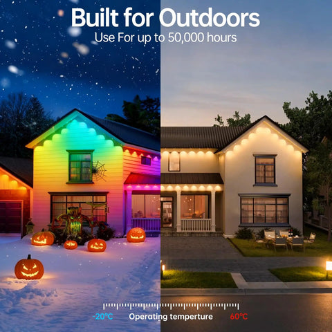 Two houses, one with multicolor lights and snow, the other with warm white lights and clear weather, showcasing 200 Ft Outdoor String Lights 4 Pack 50 Ft Each Waterproof Shatterproof LED Bulbs Connectable For Indoor Outdoor Patio Backyard Garden Party Vibes 84 LEDs Total With 4 Spare Bulbs.
