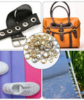 Image showing 200 Pcs Brass Grommets And Eyelets Kit With Washers For Fabric Clothes Canvas Curtains Bags And Leather Projects with various applications.