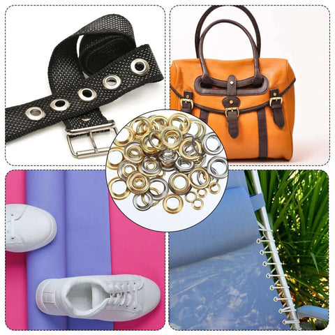 Image showing 200 Pcs Brass Grommets And Eyelets Kit With Washers For Fabric Clothes Canvas Curtains Bags And Leather Projects with various applications.