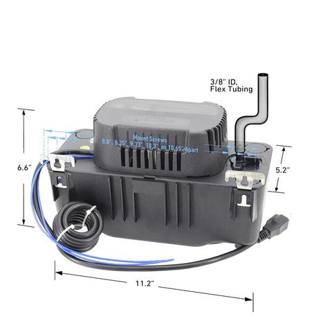 Image of Automatic Condensate Pump With Safety Switch For HVAC Equipment 115 Volt 17 Foot Lift 112 GPH, showing product dimensions and tubing size.
