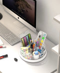 12 Inch Lazy Susan Turntable With Removable Bins And Dividers on a desk with stationery and craft supplies