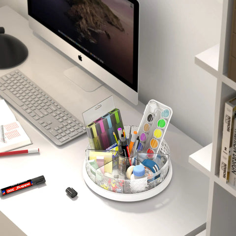 12 Inch Lazy Susan Turntable With Removable Bins And Dividers on a desk with stationery and craft supplies