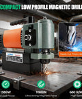 1380W Portable Magnetic Drill Press Low Profile Mag Drill Machine With 3/4" Annular Cutter Powerful 680Rpm on metal workbench.