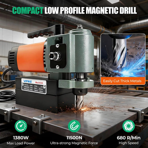1380W Portable Magnetic Drill Press Low Profile Mag Drill Machine With 3/4" Annular Cutter Powerful 680Rpm on metal workbench.