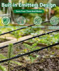 Close-up of 100 Ft Drip Line Kit For Yard And Farm Irrigation One Quarter Inch Tubing With Six Inch Emitter Spacing in garden setup