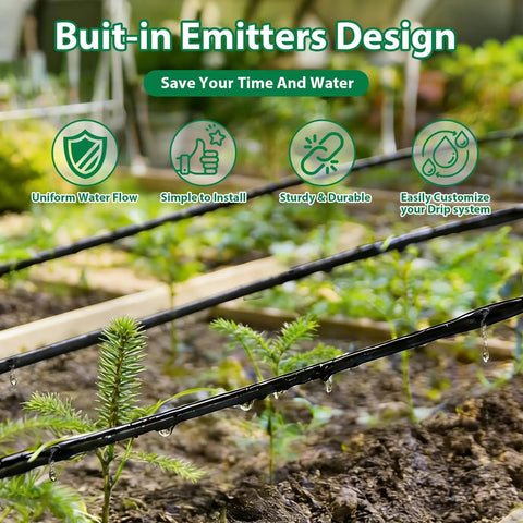 Close-up of 100 Ft Drip Line Kit For Yard And Farm Irrigation One Quarter Inch Tubing With Six Inch Emitter Spacing in garden setup