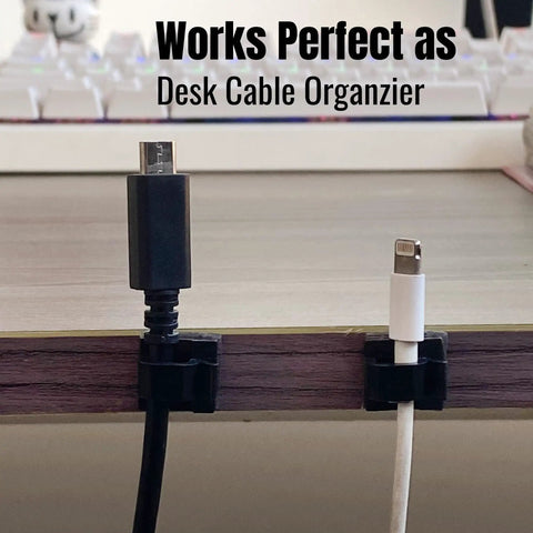 Stick On Cable Clips 30 Pack Black Adhesive Cord Organizer for Desk and Office use on desk corner with two cables
