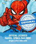 Spiderman print on blue fabric of Spiderman Slumber Bag and Pillow Set, 54 X 27 Inch Cozy Indoor Sleeping Bag, quality badge shown.