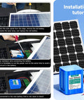 Installation guide showing connection of 12V Rechargeable Lithium Battery 7800mAh with Charger and Bare Leads to solar panel.