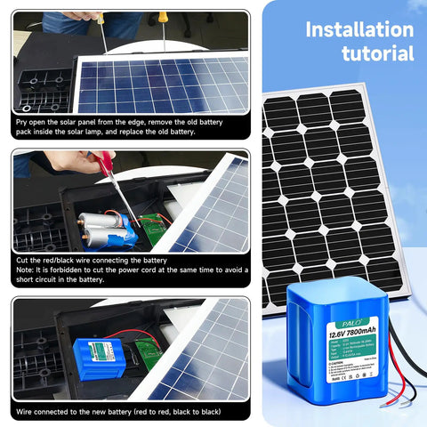 Installation guide showing connection of 12V Rechargeable Lithium Battery 7800mAh with Charger and Bare Leads to solar panel.