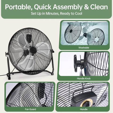 Beastly 20 Inch Industrial High Velocity Floor Fan With Three Speeds, metal build, features diagram