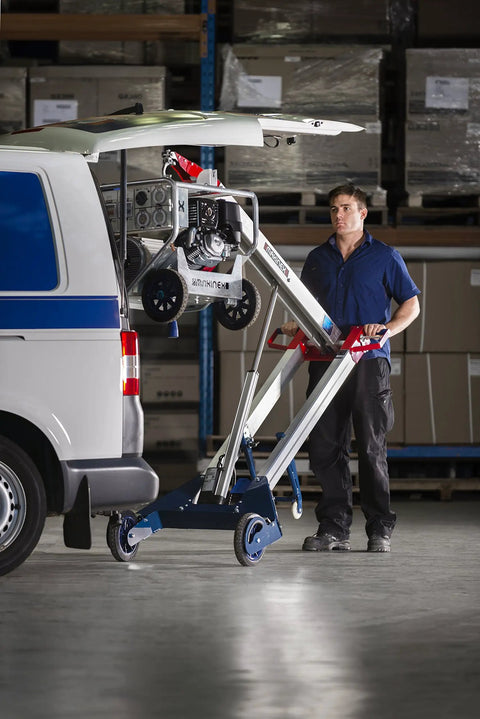 Powered Hand Truck Lift System With Hook, 309 Lb Lift Capacity, 18V Li Rechargeable Battery in use loading van