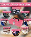 Pink 11 Inch Portable Steel Tool Box With Metal Latch surrounded by various tool usage scenarios and descriptions.