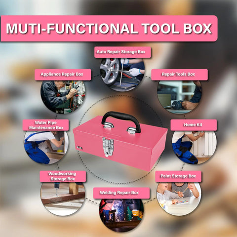 Pink 11 Inch Portable Steel Tool Box With Metal Latch surrounded by various tool usage scenarios and descriptions.