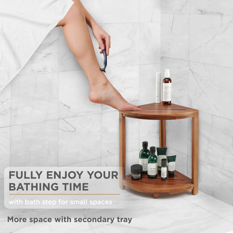 Wood Corner Shower Bench With Storage Shelf For Tight Bathrooms, 12W X 12D X 18H, Durable Acacia Wood Stool and bath step