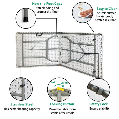 Diagram of Beefy Six Foot Folding Table With Handle Portable 330Lb Capacity HDPE Top detailing features like non-slip caps and safety locks