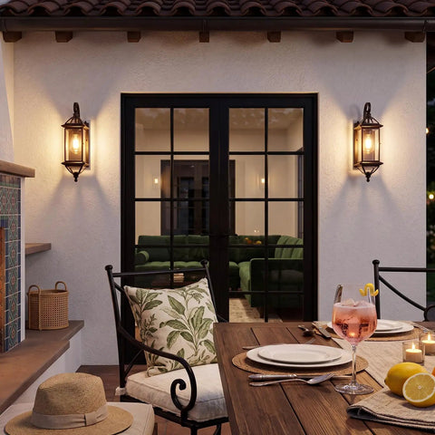 Solid Copper Dusk To Dawn Outdoor Wall Light with Clear Beveled Glass in Oil Rubbed Bronze on patio, 18.5 inch sconces