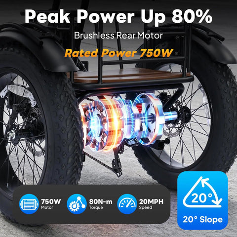 750W Fat Tire Electric Tricycle For Adults And Seniors With Three Wheels E Trike 48V 13Ah UL 2849 Battery 55 Mile Range Semi Recumbent Three Wheel With Hydraulic Brakes Premium Red Model rear motor and fat tires
