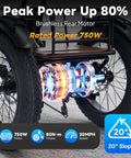 750W Electric Tricycle For Adults And Seniors With Fat Tires, 3 Wheel E Trike, 48V 13Ah UL 2849 Battery, 55 Mile Range, Semi Recumbent Design, Hydraulic Brakes, Easy Hill Climb And Smooth Everyday Ride. Rear motor close-up with 20° slope icon.