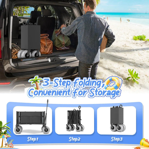 Person loading All Terrain Beach Wagon With 9 Inch Inflatable Tires, Heavy Duty Foldable Cart For Sand into car trunk.